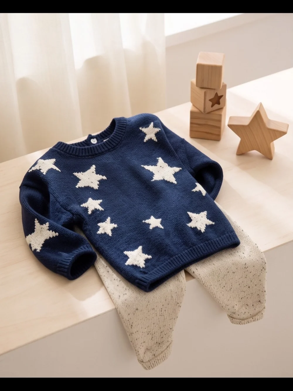 2 pcs Navy Star Knit Sweater Set with Cream Speckled Pants
